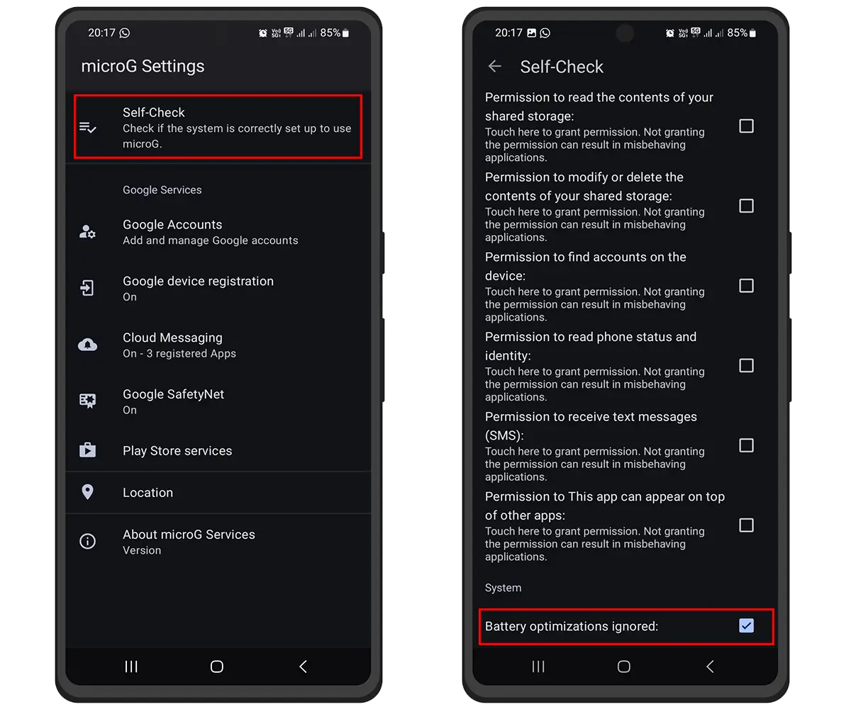 tap on self check and enable battery optimizations ignored